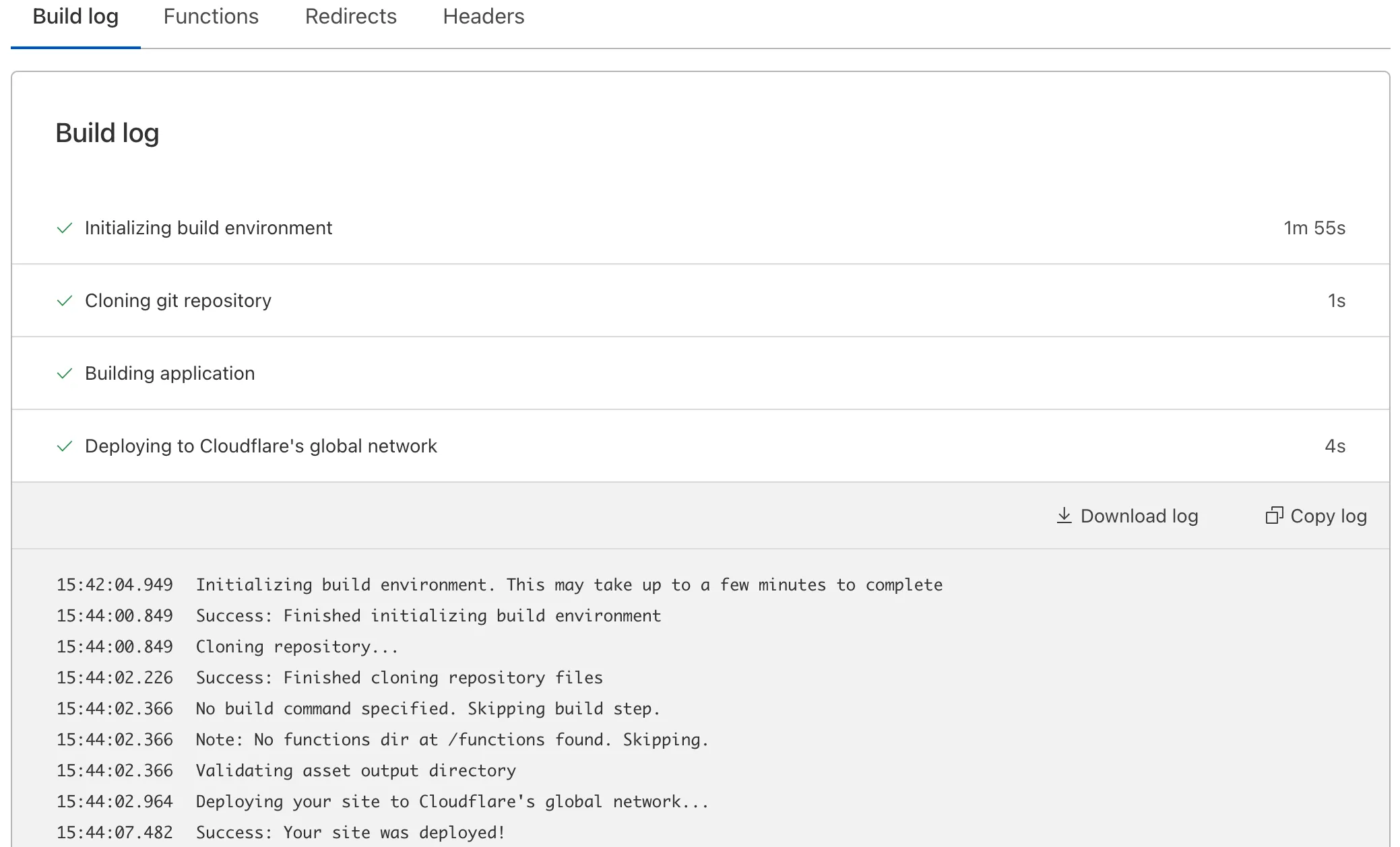 After logging in to the Cloudflare dashboard, access the build log by following the instructions above